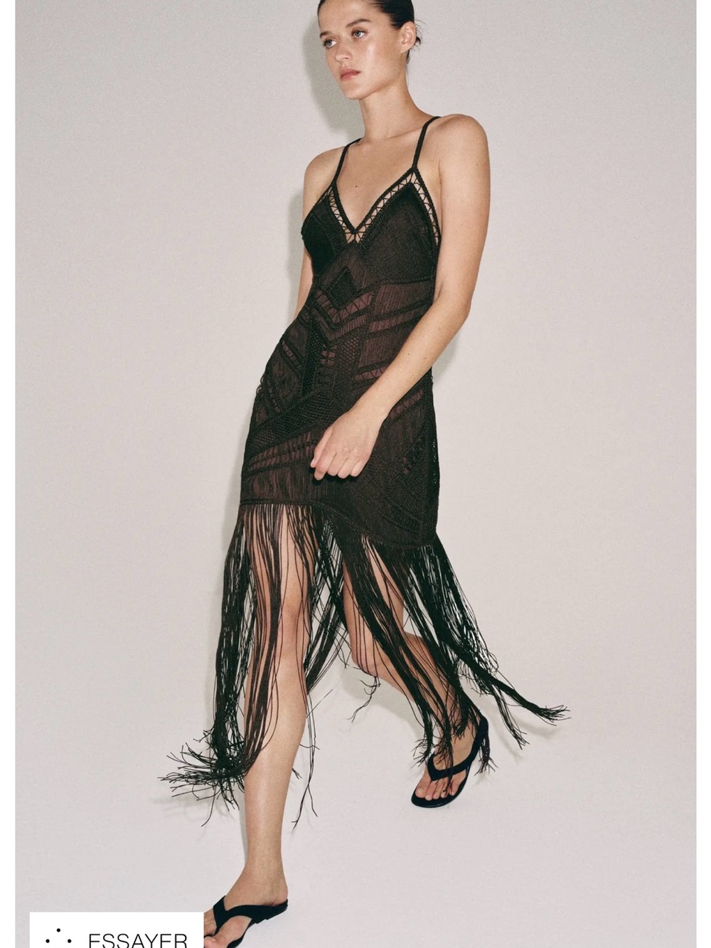 Zara Brown Long V-Neck Fringe Dress
